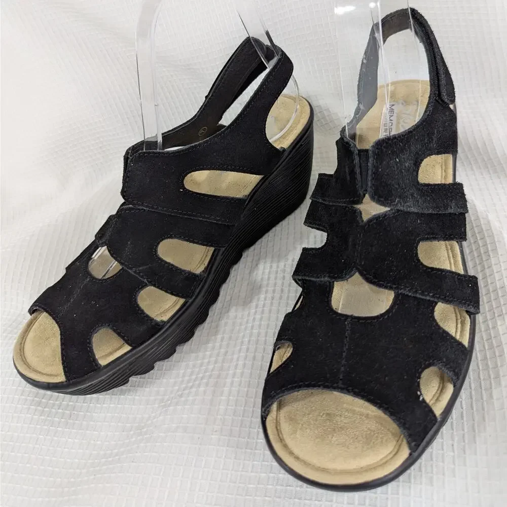 NWOT! SKECHERS! BLACK STRAPPY FAUX SUEDE, VELCRO STRAP SANDALS, HEELS! SZ 7 - Picture 2 of 10